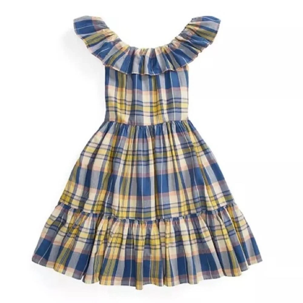 Polo Ralph Lauren Madras Plaid Off The Shoulder Tiered Ruffle Sundress Size 14